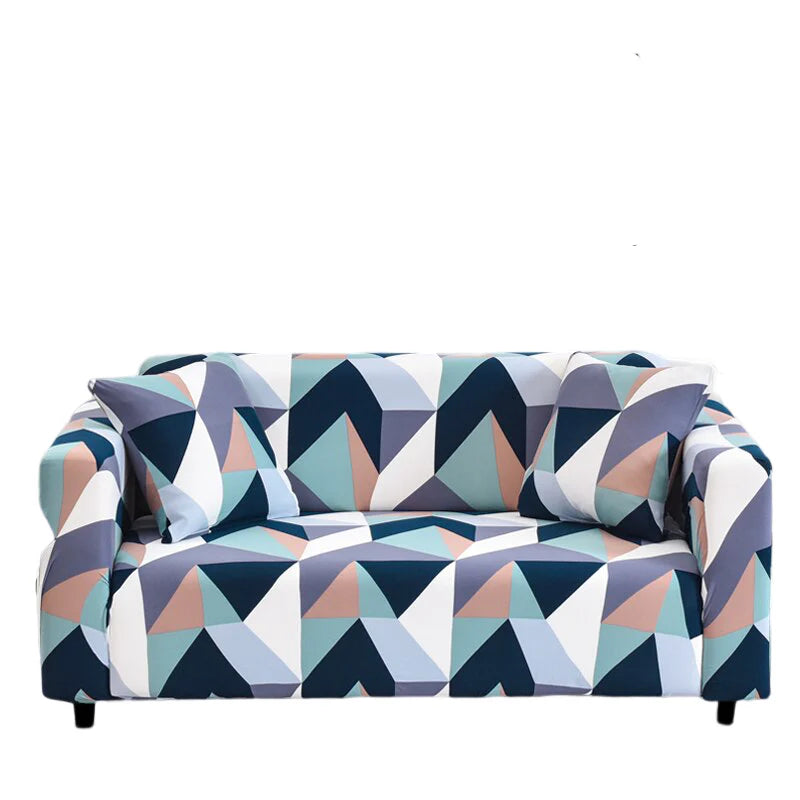 Vibrant Blue White Geometric Sofa Slipcover 4 - Seater