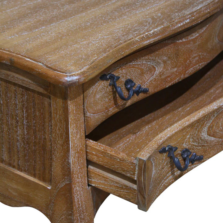 Vintage French Style Wide Two Drawer Bedside Table - Weathered Oak