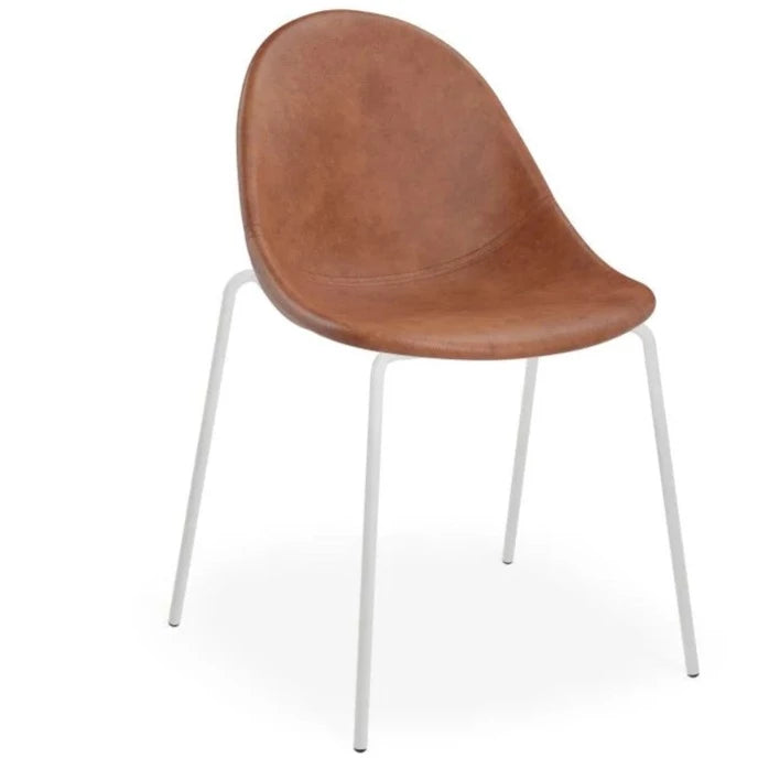 Vintage Leather Brown Seat 4 Post White Base Dining Chair