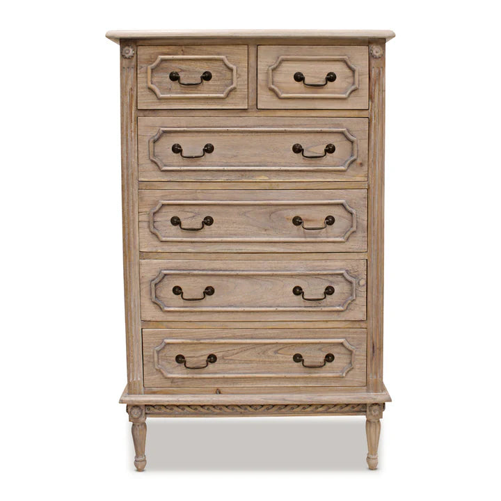 Vintage Marseille 6 Drawer Tallboy - Weathered Oak