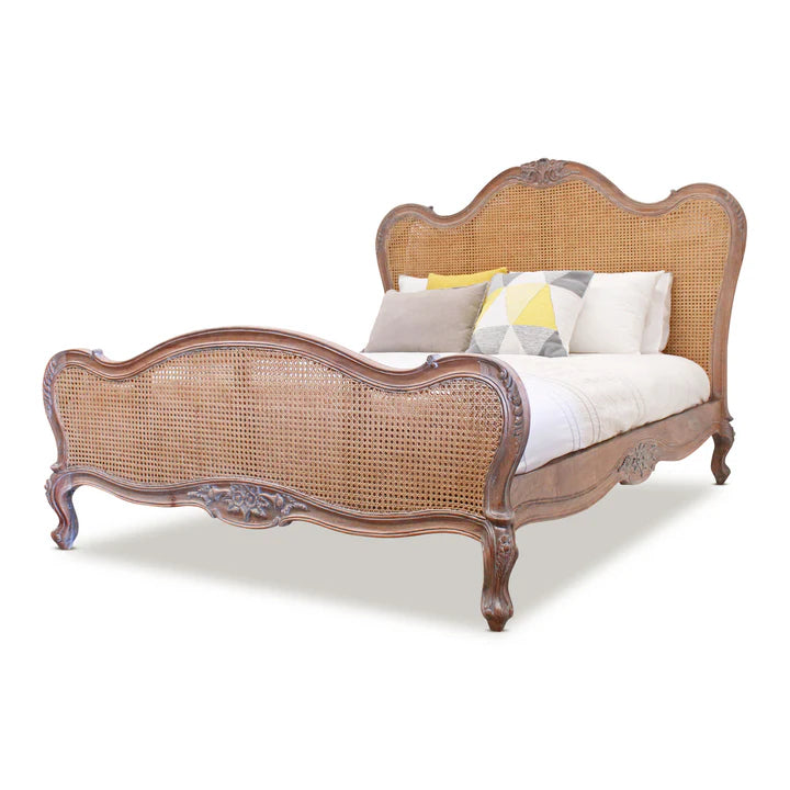 Vintage Parisian Rattan Queen Size Bed - Weathered Oak
