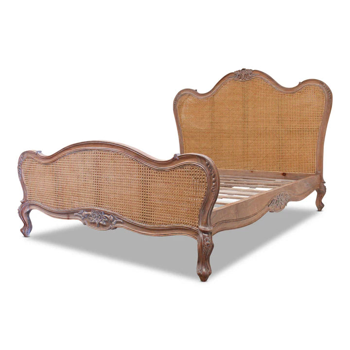 Vintage Parisian Rattan Queen Size Bed - Weathered Oak