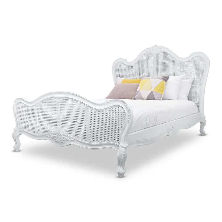 Vintage Parisian Rattan Queen Size Bed - White