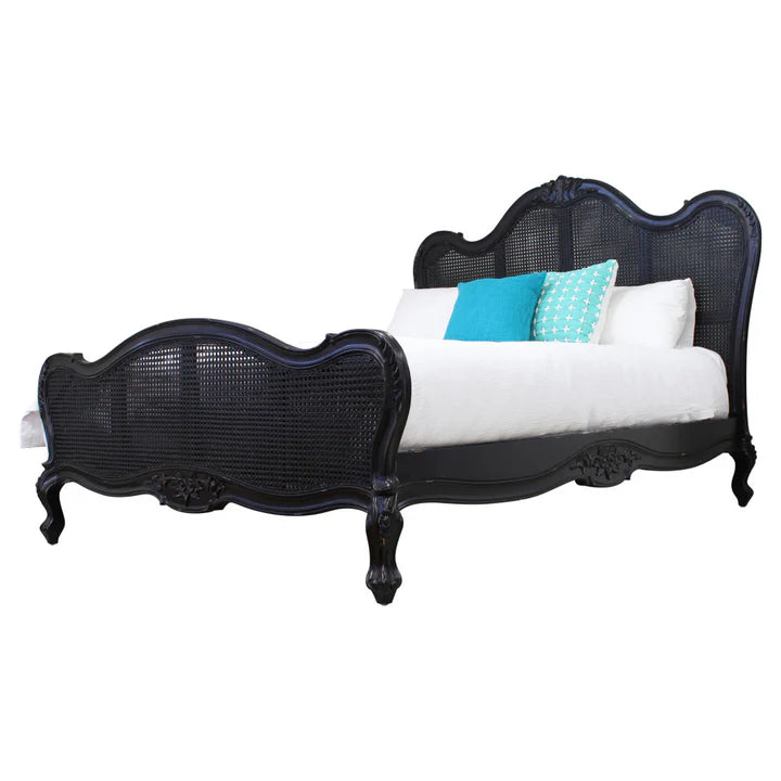 Vintage Parisian Rattan Queen Size Bed - Black