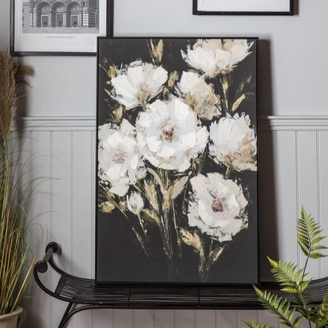 Vivid Painted Blossoms on Black Framed Canvas
