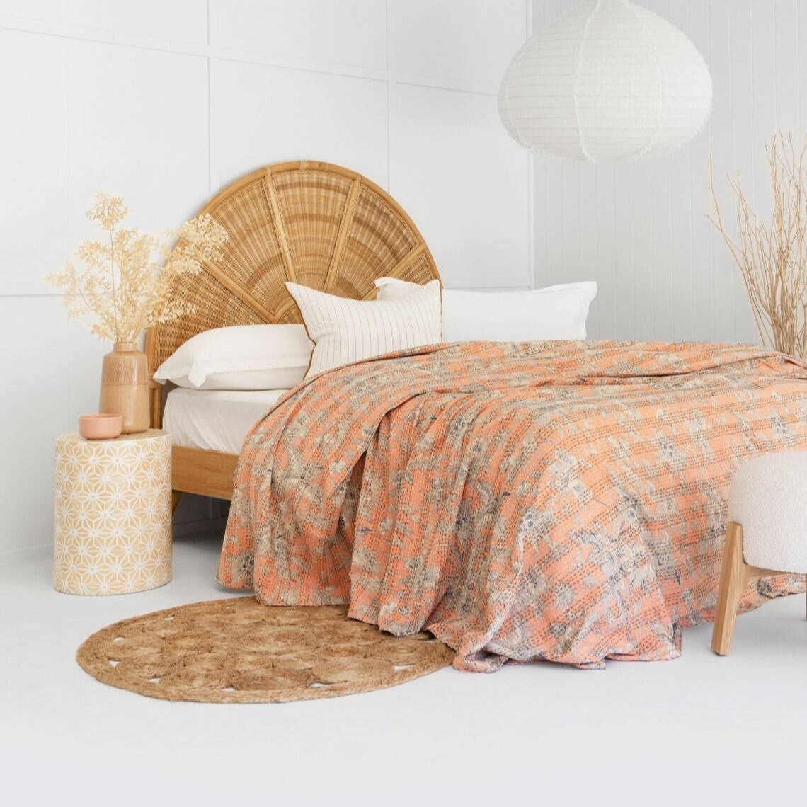 White Blossom Design On Orange Cotton Bedspread King Size