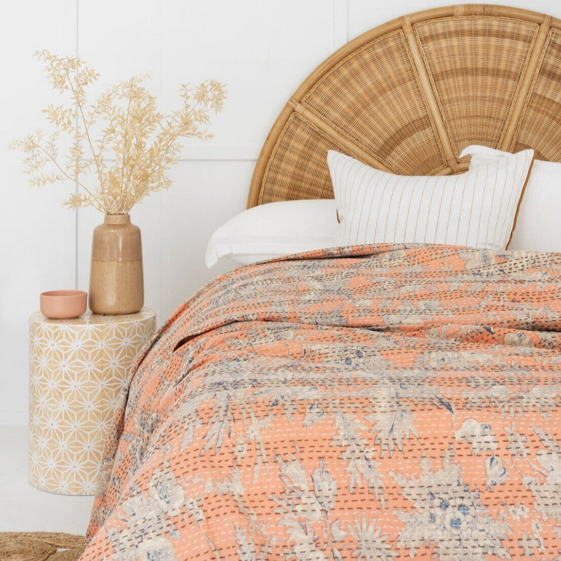 White Blossom Design On Orange Cotton Bedspread King Size