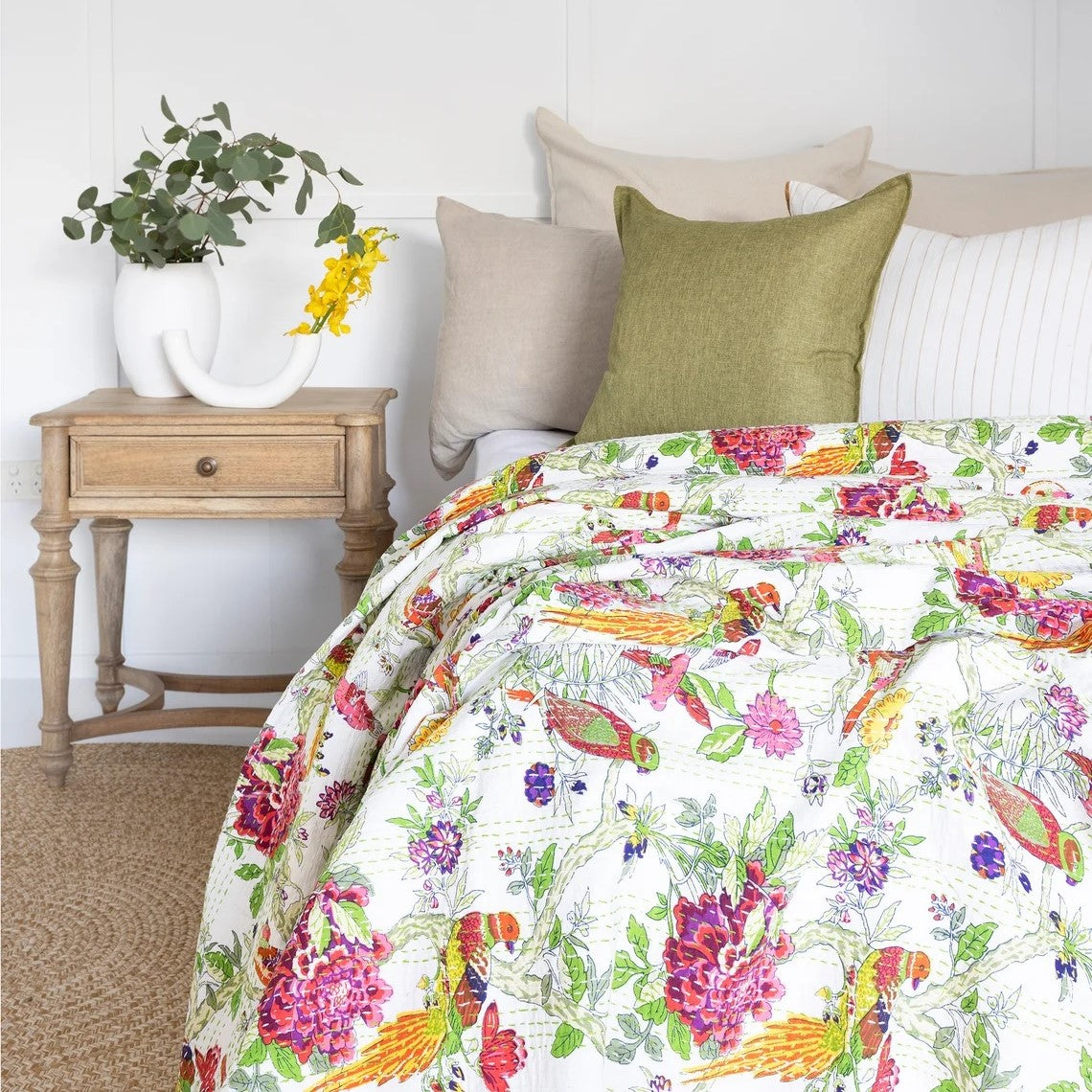 White Flora Fauna Patterned Cotton Bedspread