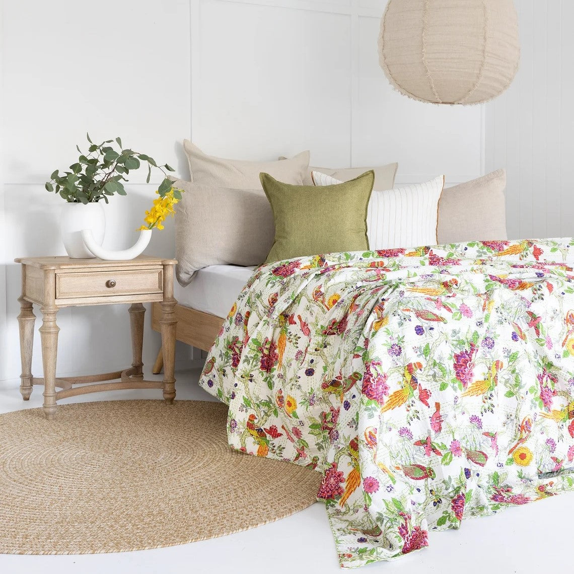 White Flora Fauna Patterned Cotton Bedspread