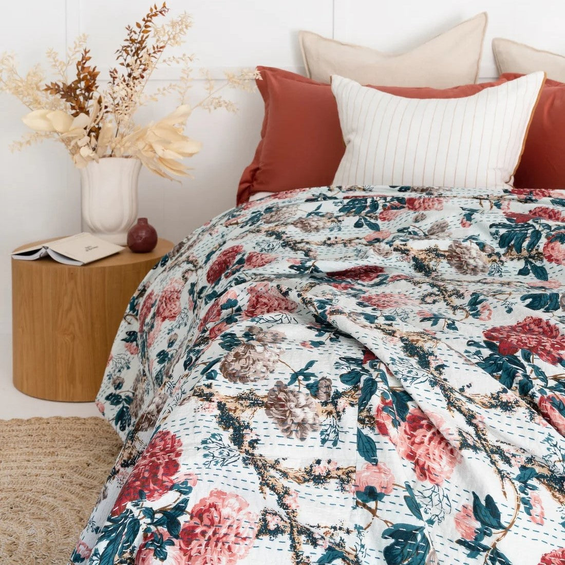 White Floral Block Print Cotton Bedspread