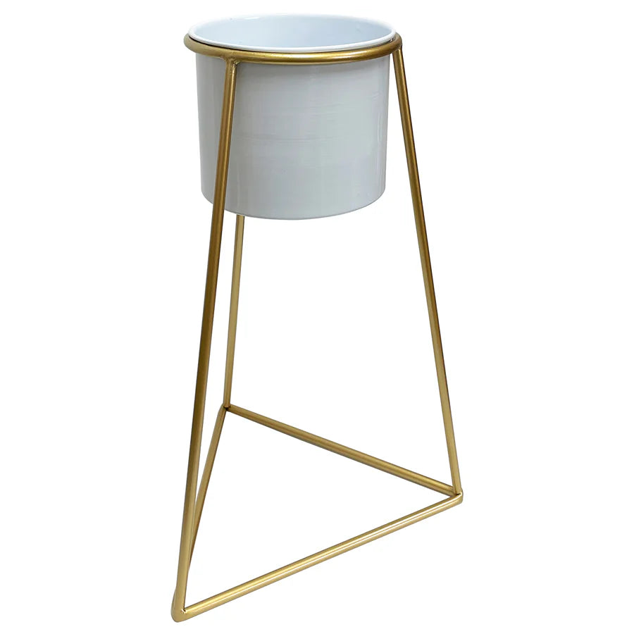 White Metal Planter on Gold Pyramid Stand 45cms