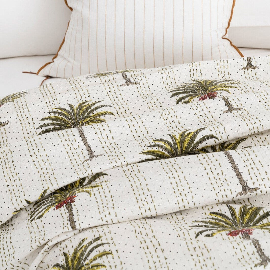 White Palm Tree Boho Cotton Bedspread King Size