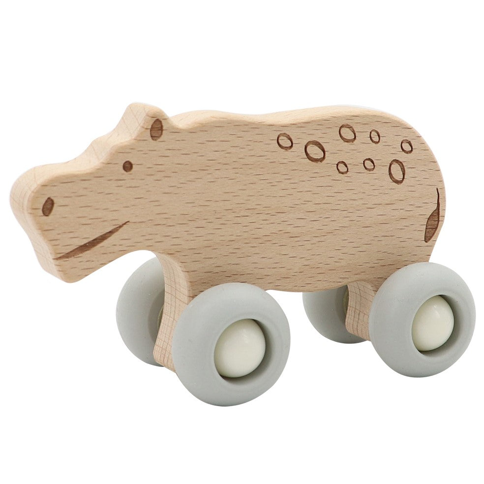 Wooden Animal Pull Toy With Silicone Wheels - Hippo
