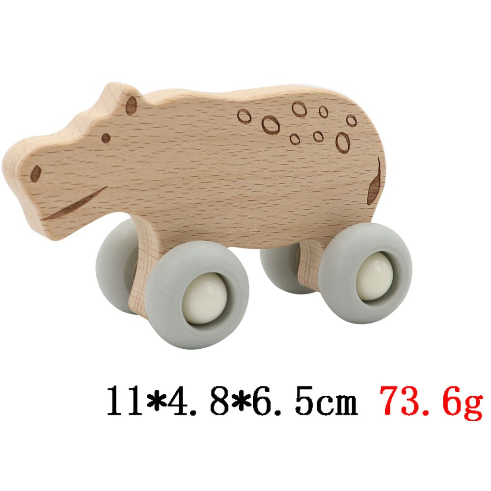 Wooden Animal Pull Toy With Silicone Wheels - Hippo