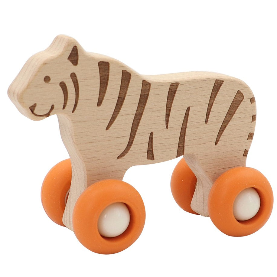 Wooden Animal Pull Toy With Silicone Wheels - Tiger