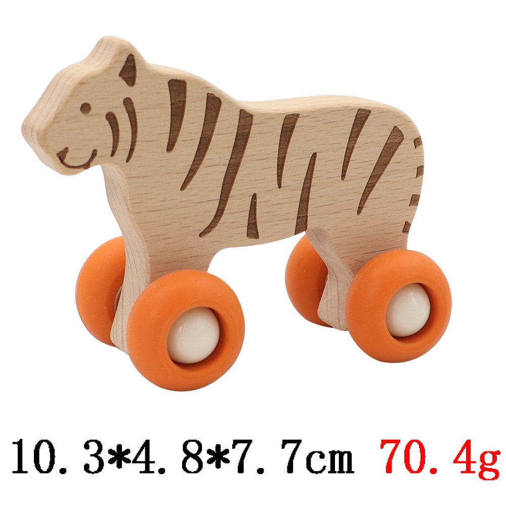 Wooden Animal Pull Toy With Silicone Wheels - Tiger