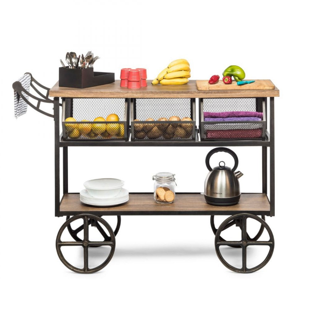 Wooden Kitchen Island Cart on Wheels - 3 Baskets