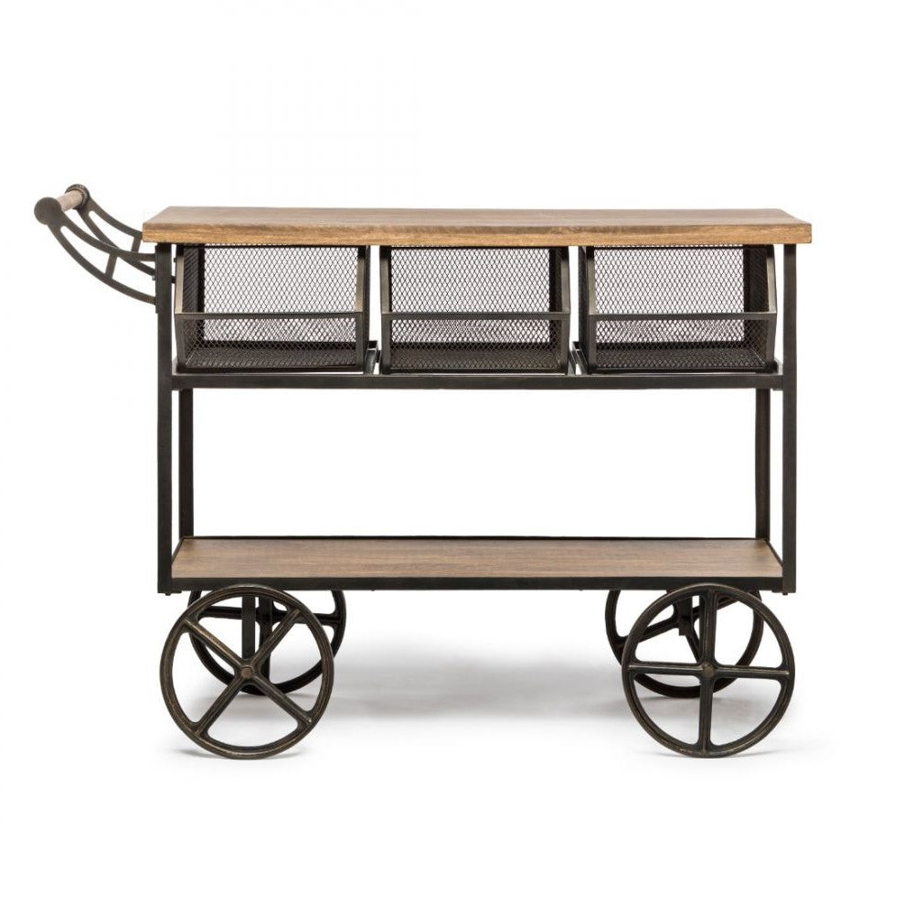 Wooden Kitchen Island Cart on Wheels - 3 Baskets