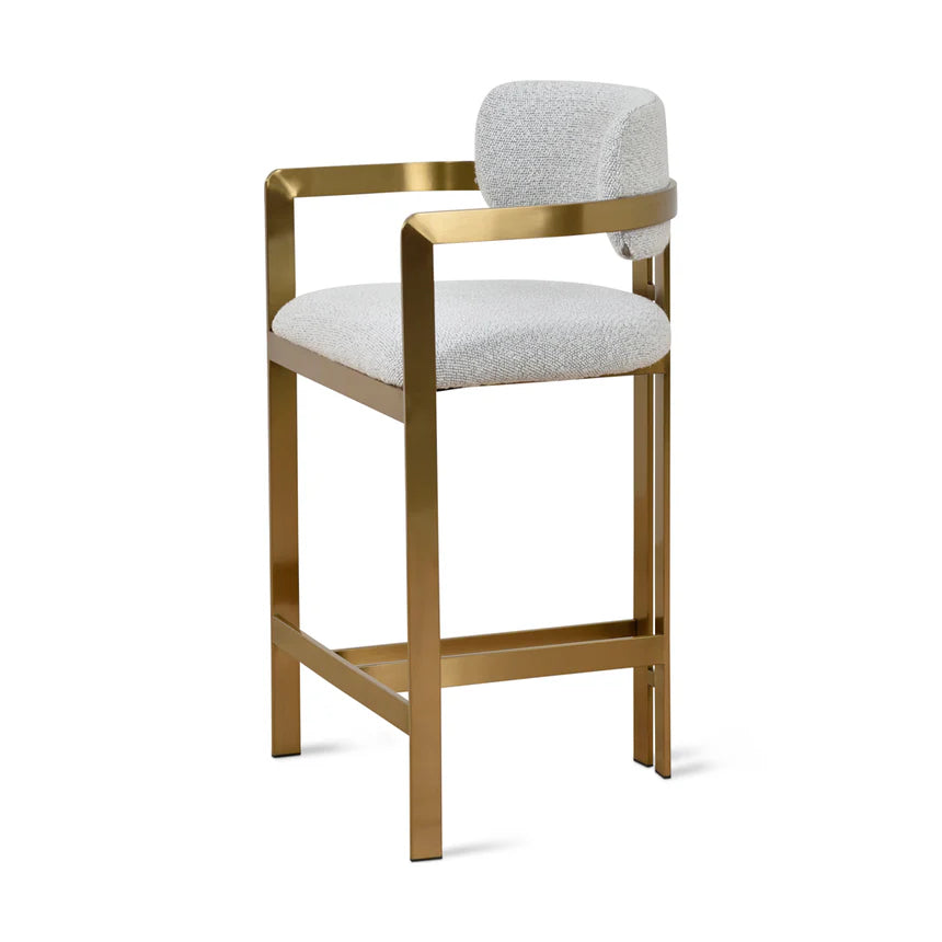 Metal Brushed Gold Bar Stool - Grey Boucle