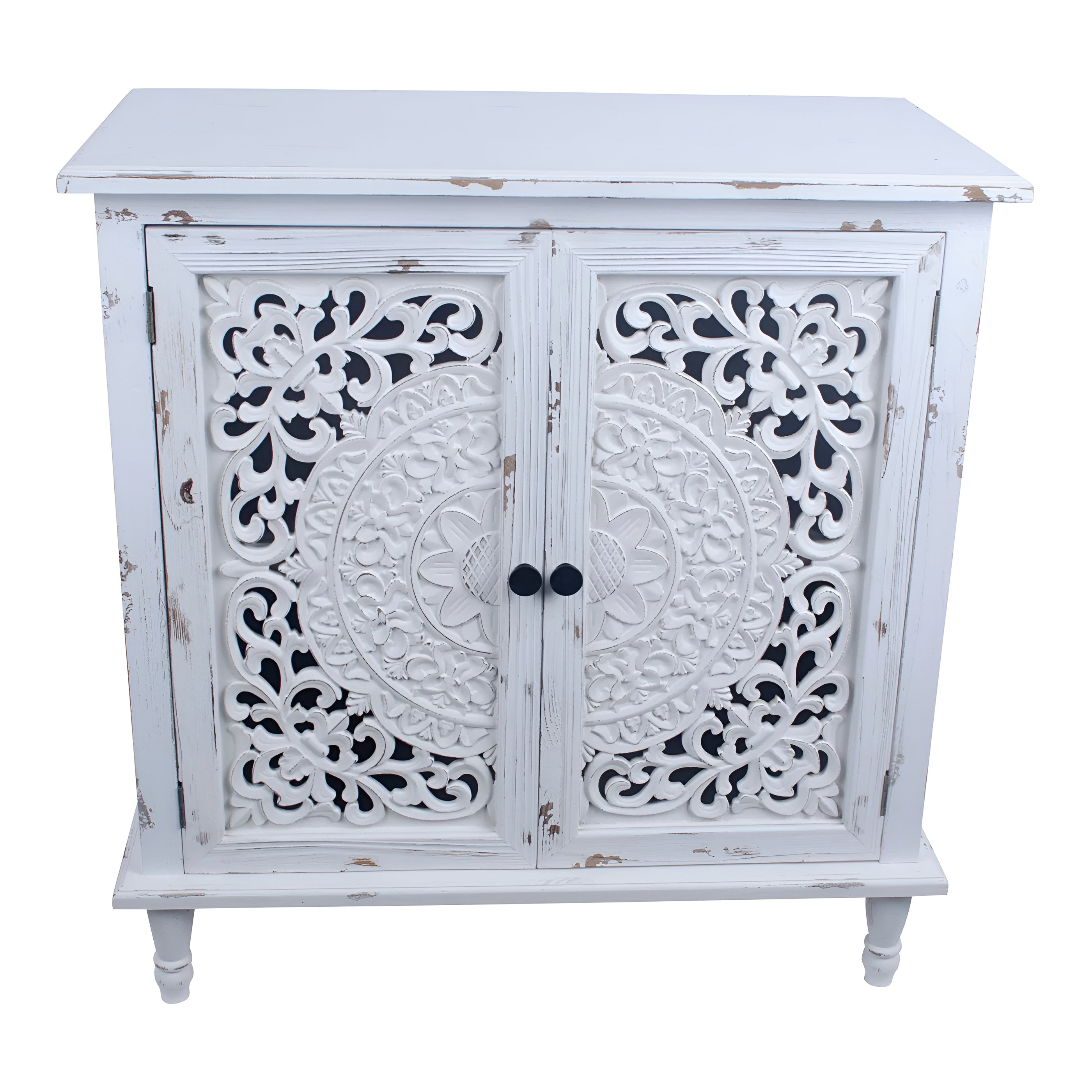 Distressed Finish Mandala Fleur Double Door Cabinet