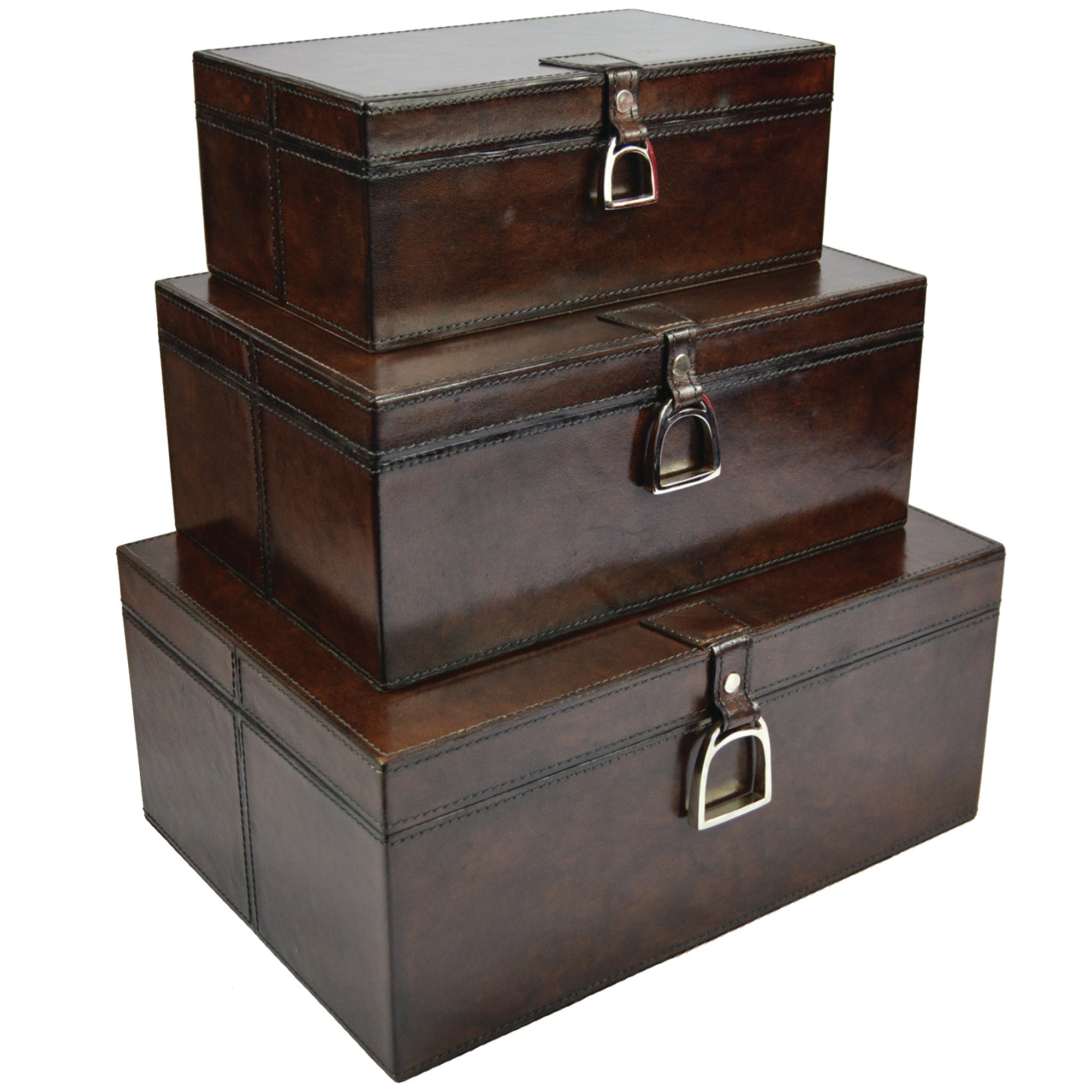 LARGE Set of 3 Nesting Leather Boxes W/ Stirrup (Available in 4 Colours)