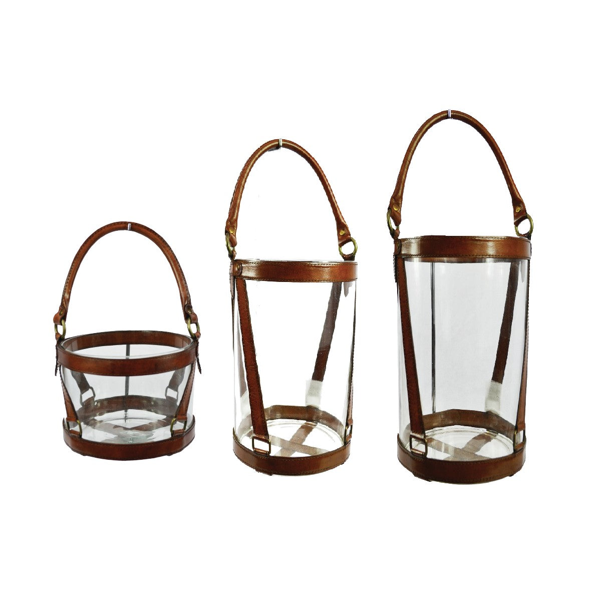 Set of 3 Tubular Leather Strips Hanging Hurricane Lamps