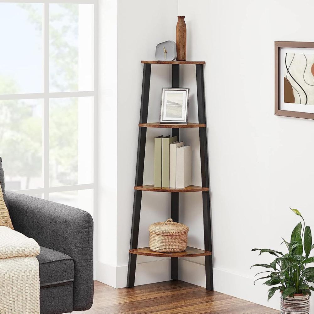 Corner Shelf 4-Tier Industrial Storage Rack - Rustic Brown and Black