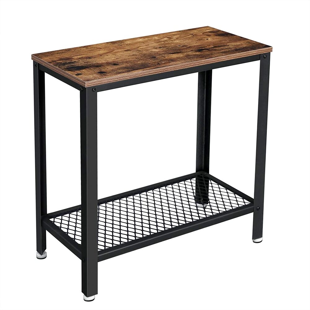 Industrial Side Table with Mesh Shelf - Rustic Brown