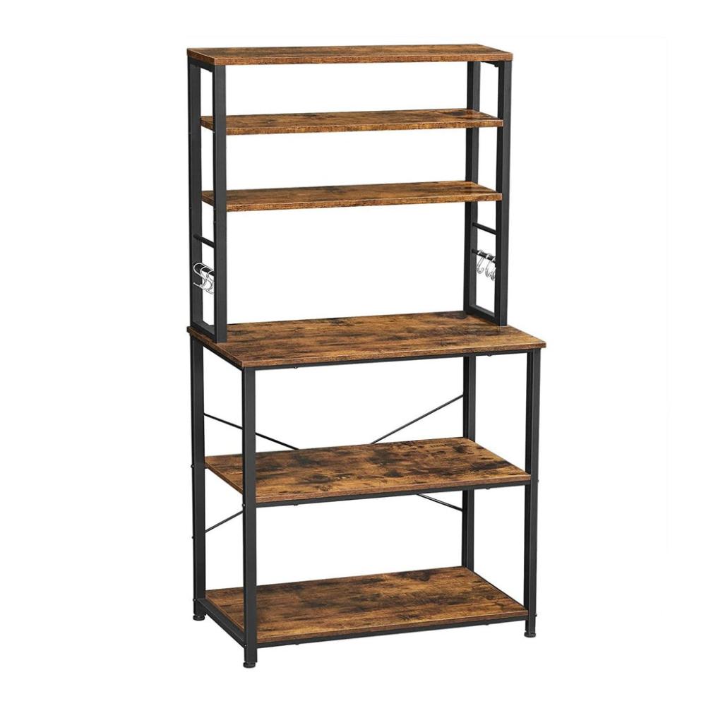 6 Tier Storage Shelves with 6 Hooks - Rustic Brown and Black