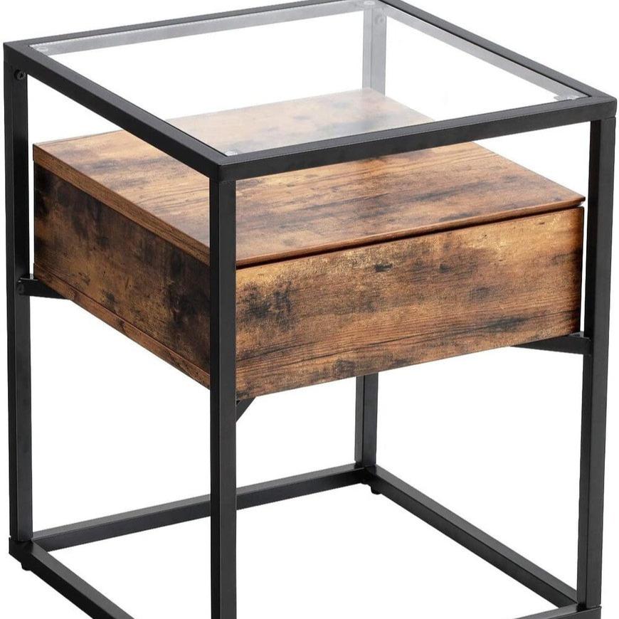Tempered Glass Side Table with Drawer and Shelf