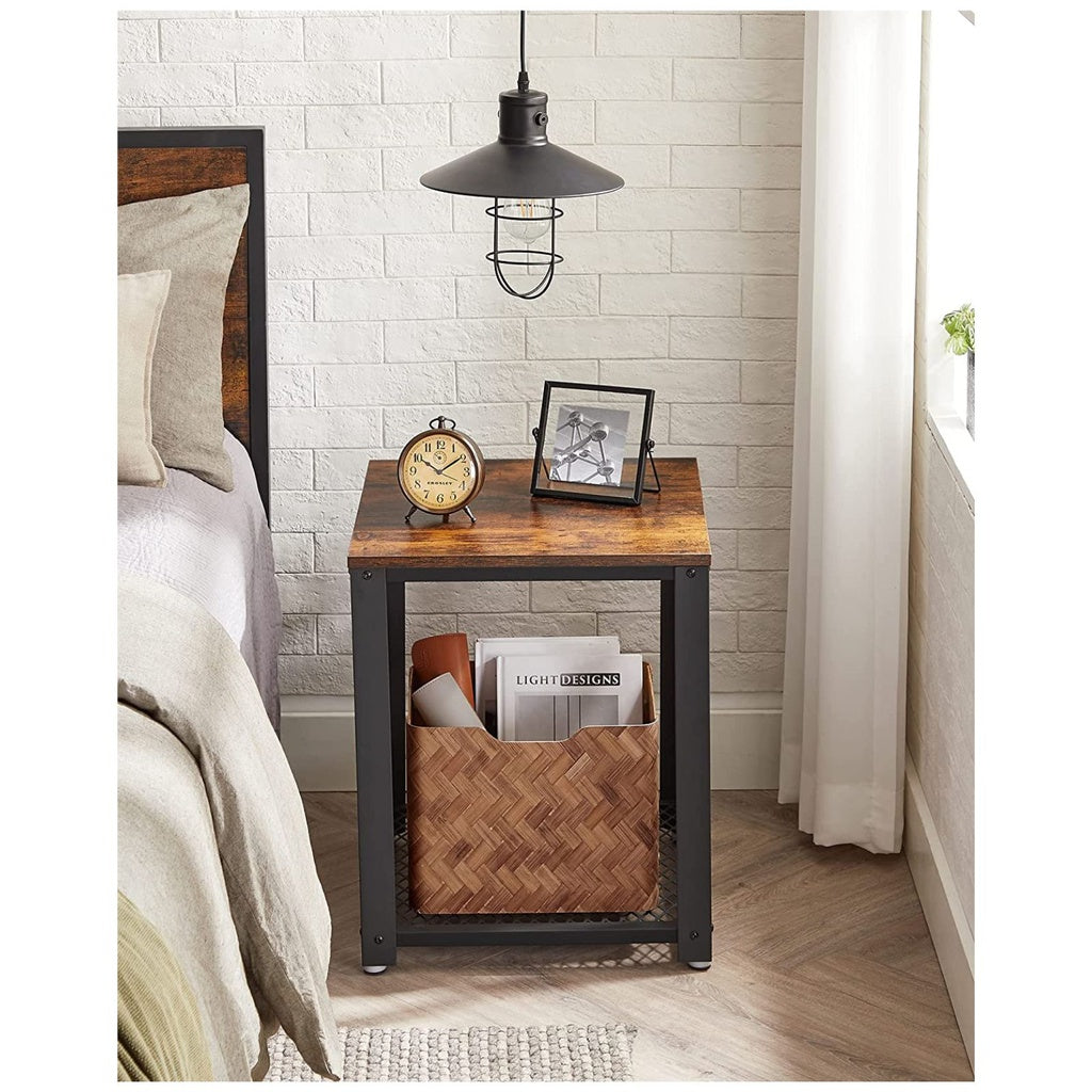 Side Table with Mesh Shelf - Rustic Brown and Black
