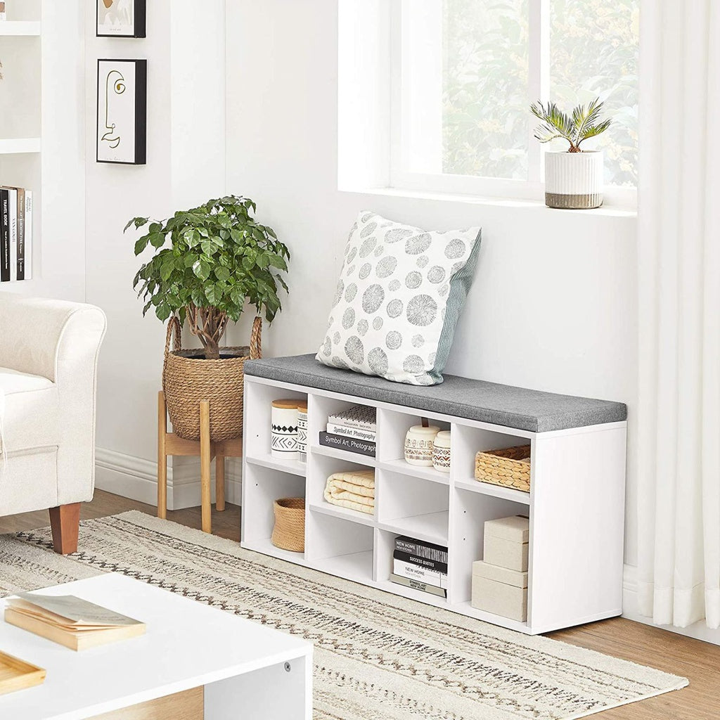 Storage Shoe Bench 10 Compartments with Cushion - White and Gray