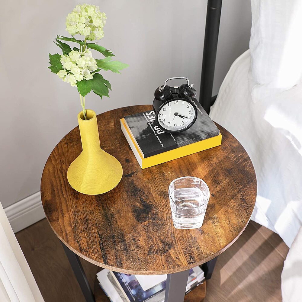 Round Side Table with Shelf - Rustic Brown