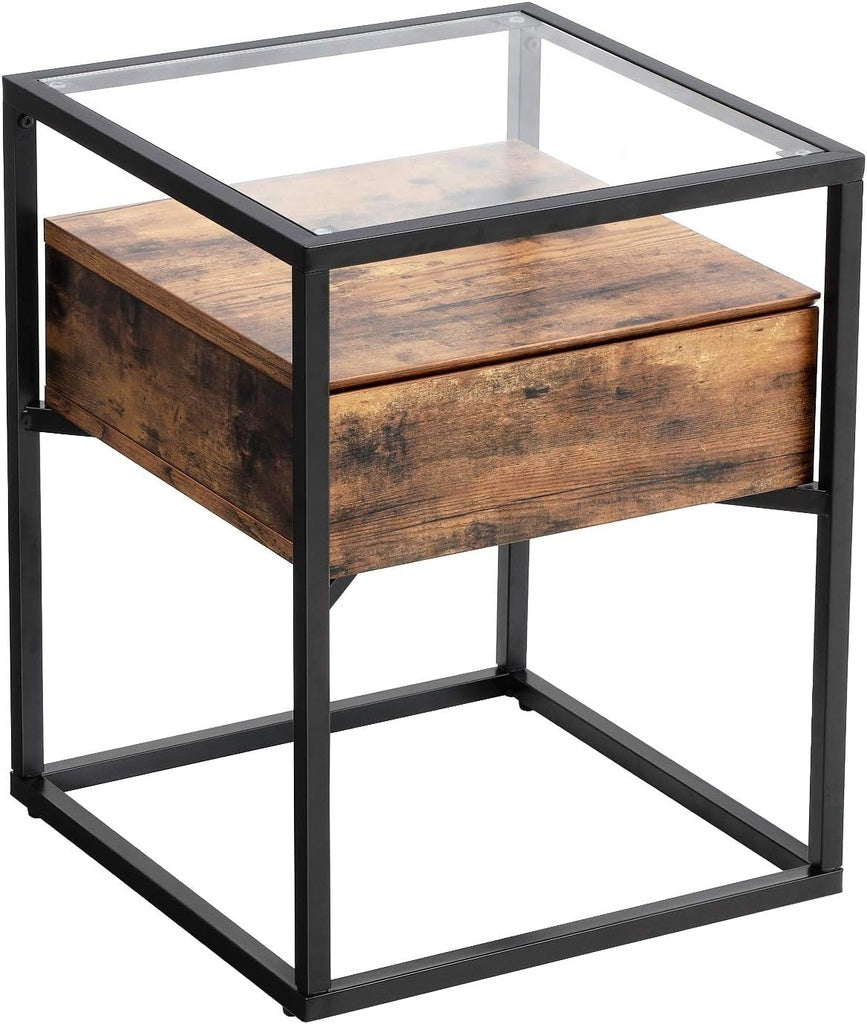 Side Table Tempered Glass End Table - Rustic Brown and Black