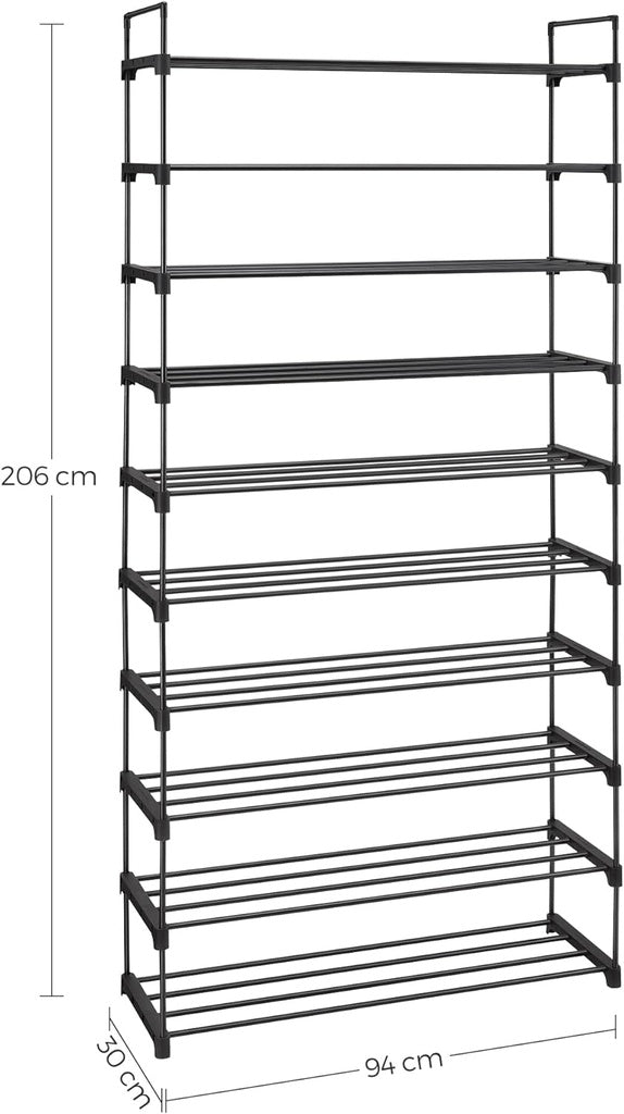 10 Tier Metal Shoe Rack for 50 Pairs of Shoes - Black