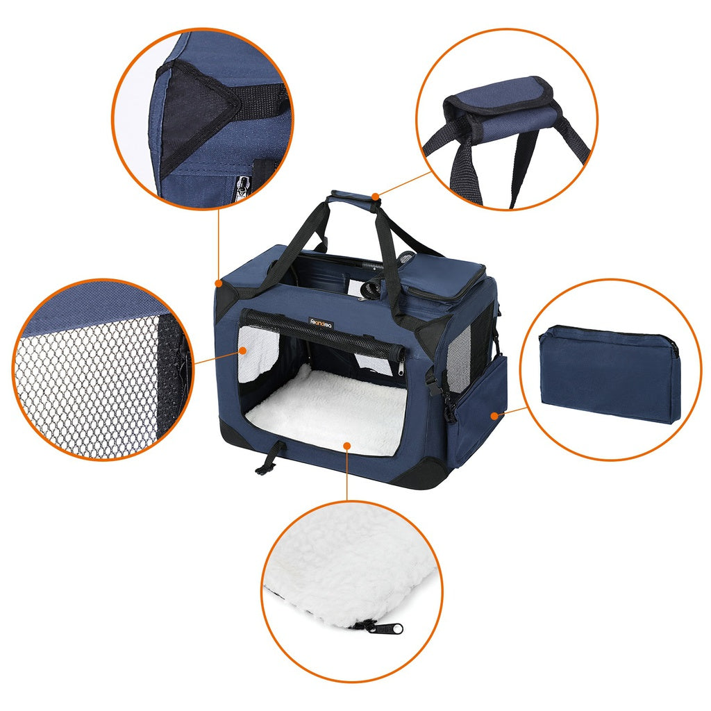 Dog Kennel Transport Box Folding Fabric Pet Carrier 70cms - Dark Blue