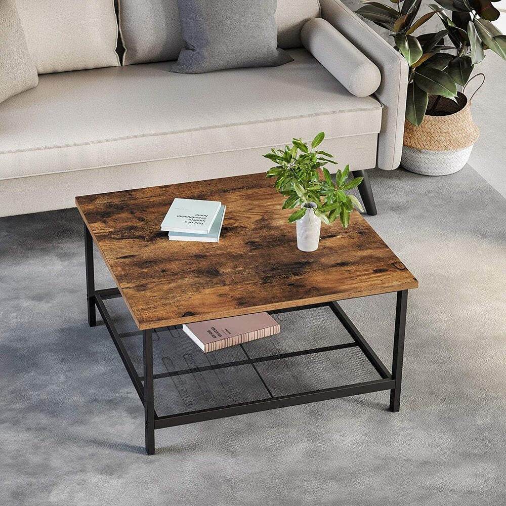Coffee Table Square Cocktail with Dense Mesh Shelf - Rustic Brown