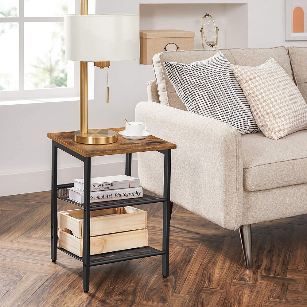 Set of 2 Side Table with 2 Mesh Shelves - Rustic Brown