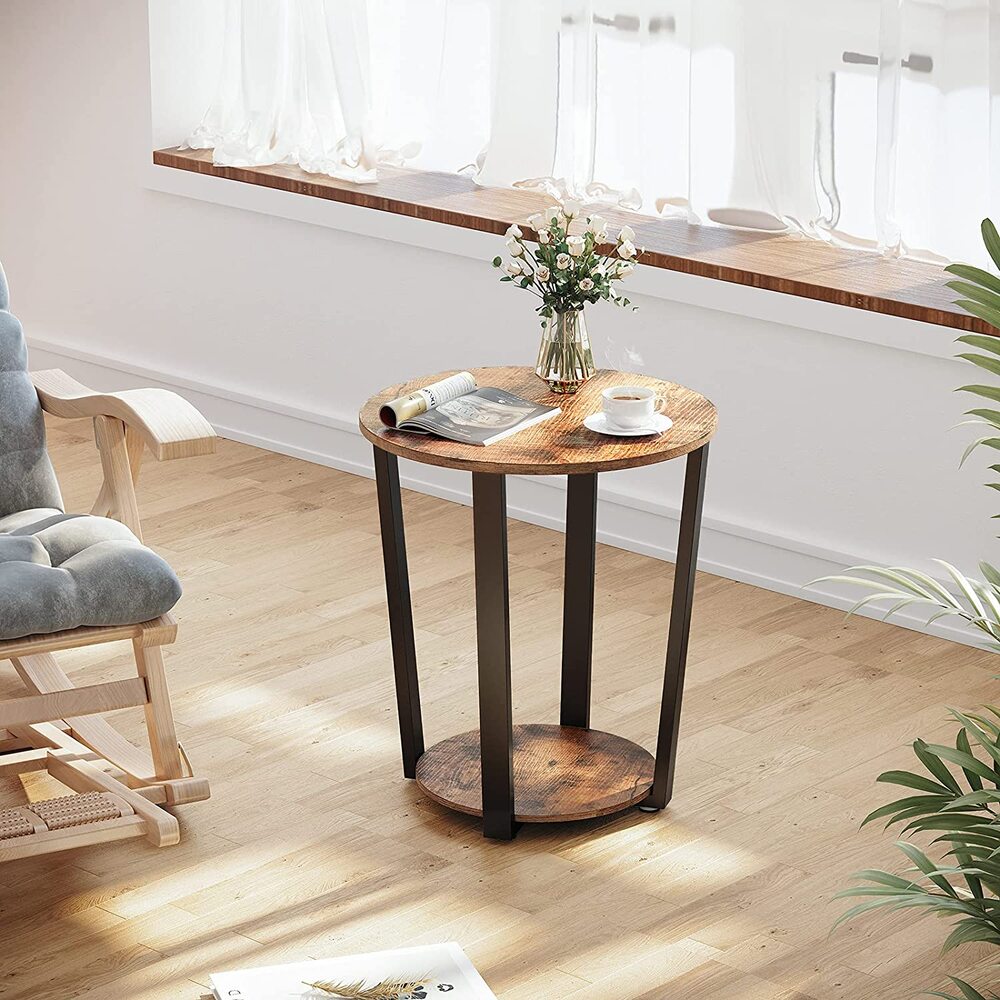 Round Side Table with Shelf - Rustic Brown