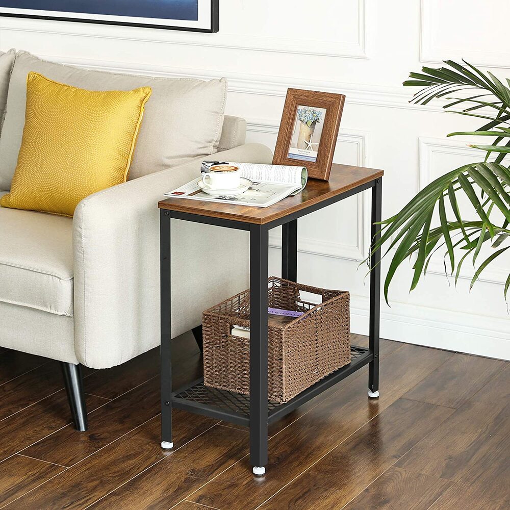 Industrial Side Table with Mesh Shelf - Rustic Brown