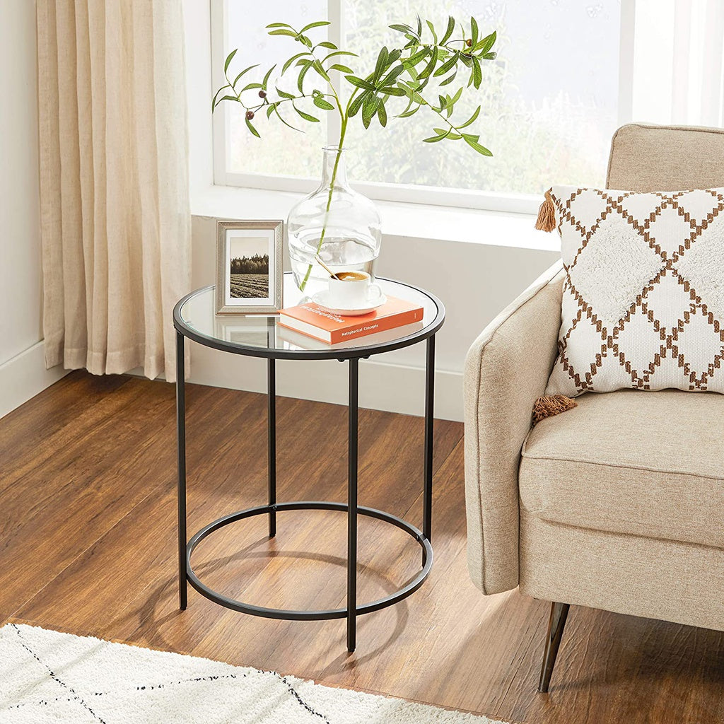 Round Side Glass Table with Metal Frame - Black