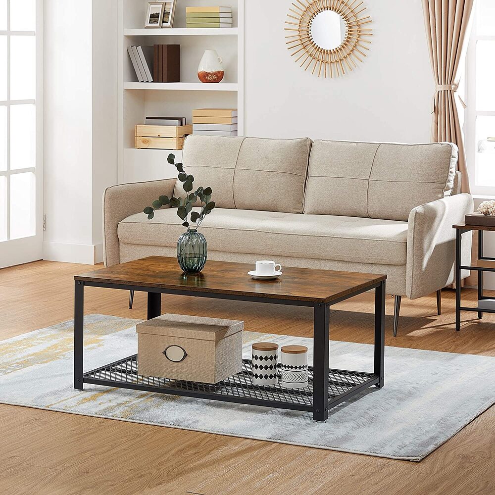 Coffee Table with Mesh Shelf - Rustic Brown