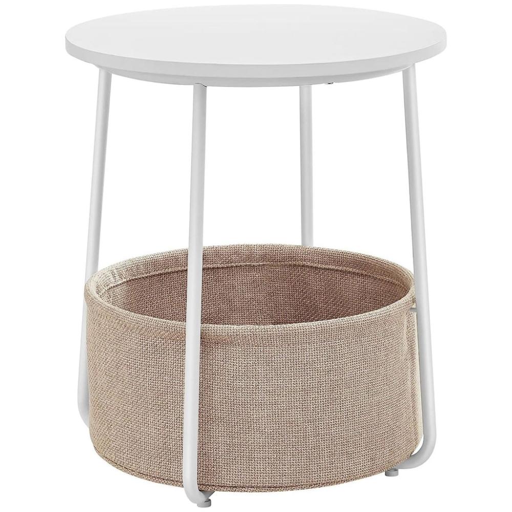 Small Round Side End Table with Fabric Basket - White and Beige
