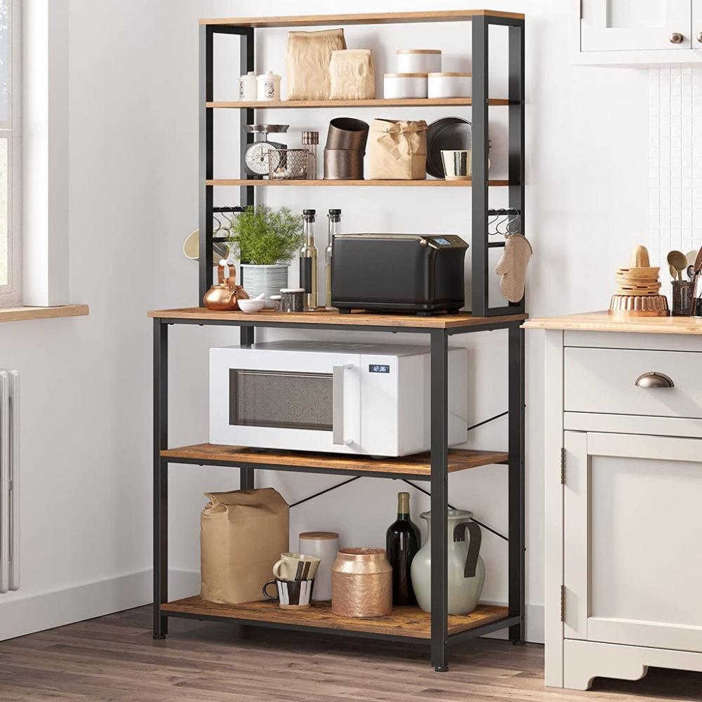 6 Tier Storage Shelves with 6 Hooks - Rustic Brown and Black