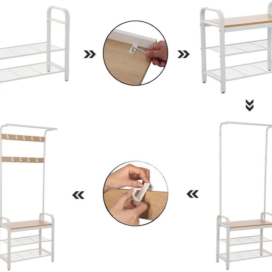 Coat Rack Stand Shoe Bench with Shelves 175cms - White