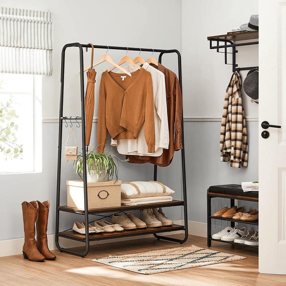 Clothes Rack with 2 Shelves - Rustic Brown and Black