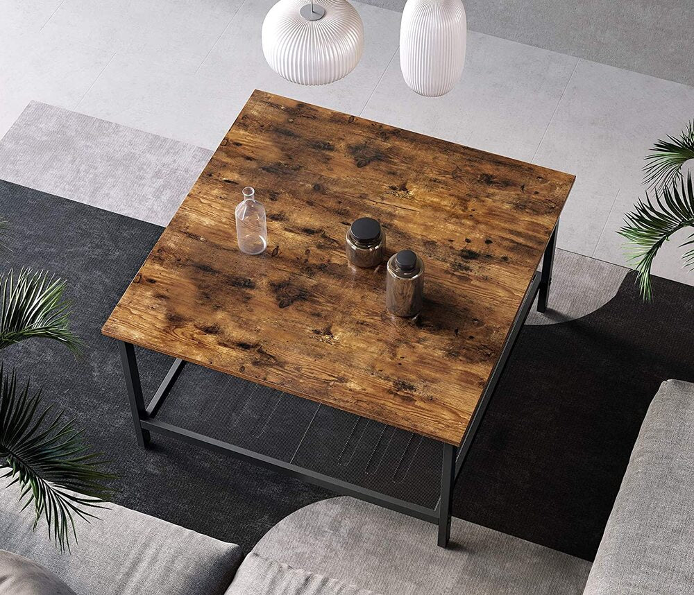 Coffee Table Square Cocktail with Dense Mesh Shelf - Rustic Brown