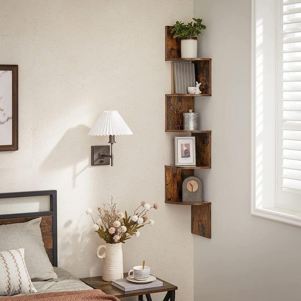 Corner Shelf 5-Tier Floating Wall Bookshelf - Rustic Brown