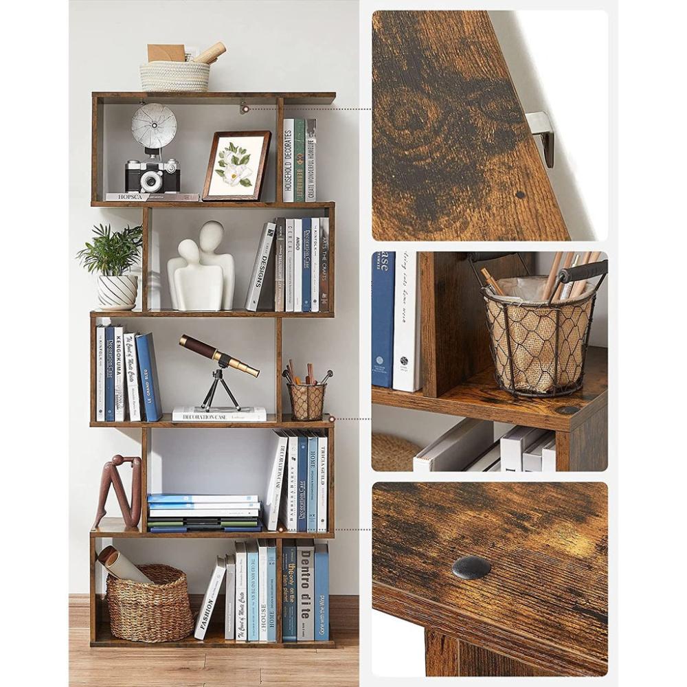5-Tier Bookshelf Display Shelf and Room Divider - Rustic Brown