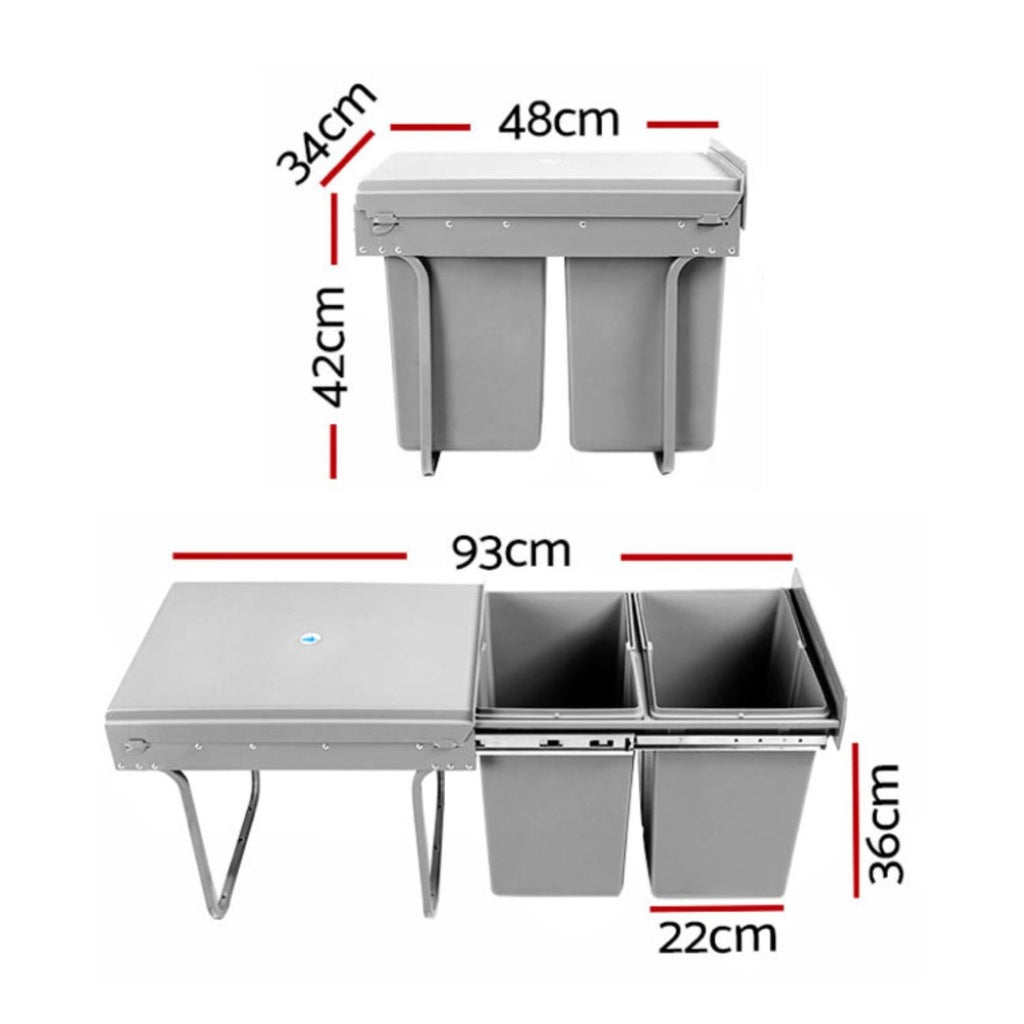Kitchen Twin Pull Out Bin (Grey) - 2 x 15L